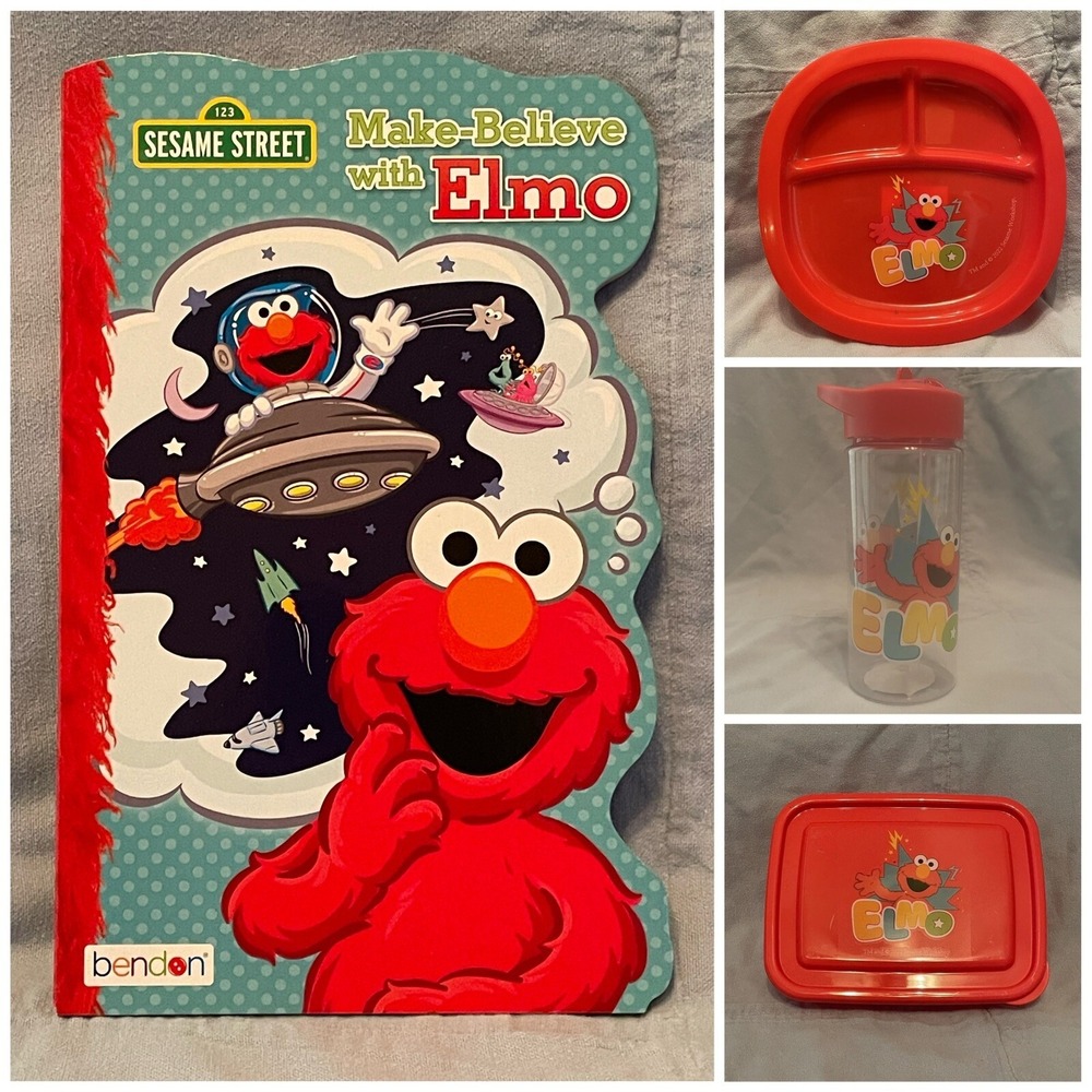 NEW Sesame Street Elmo 16.5‎ oz Red Plastic Water Bottle Plate Bento Box & Book